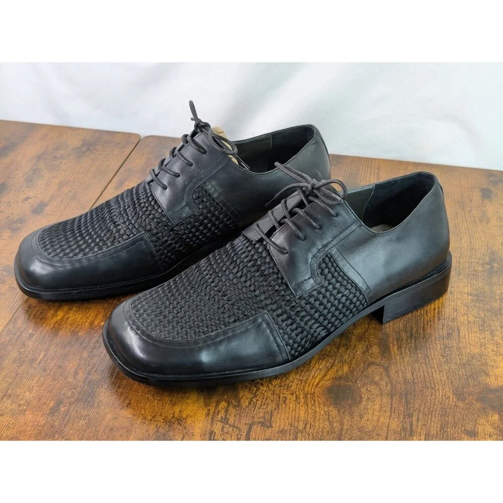 Vito Rufolo Italy Mens Woven Leather Dress Shoes Black Square Toe Derby Size 42